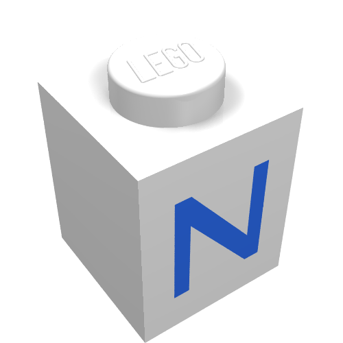 Rendu LDraw de Brique 1 x 1 avec motif imprimé bleu N (Brick 1 x 1 with Blue N Print), couleur indicative