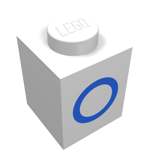 Rendu LDraw de Brique 1 x 1 avec motif bleu o imprimé (Brick 1 x 1 with Blue O Print), couleur indicative