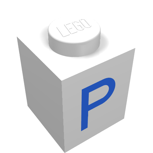 Rendu LDraw de Brique 1 x 1 avec motif imprimé bleu P (Brick 1 x 1 with Blue P Print), couleur indicative