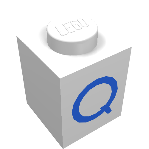 Rendu LDraw de Brique 1 x 1 avec motif imprimé bleu Q (Brick 1 x 1 with Blue Q Print), couleur indicative