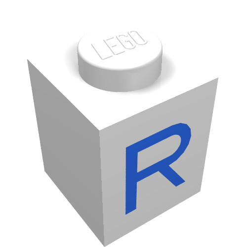 Rendu LDraw de Brique 1 x 1 avec motif bleu r imprimé (Brick 1 x 1 with Blue R Print), couleur indicative