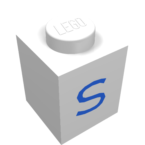 Rendu LDraw de Brique 1 x 1 avec motif imprimé bleu S (Brick 1 x 1 with Blue S Print), couleur indicative