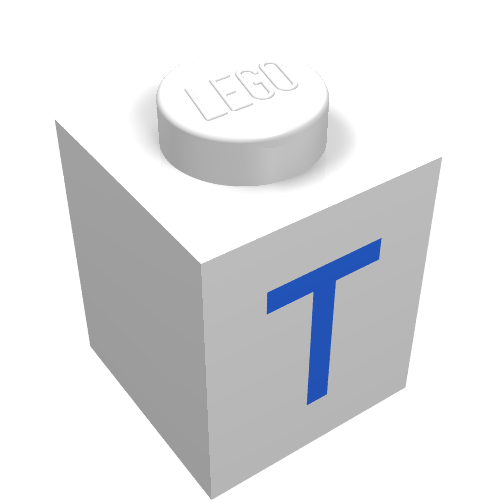 Rendu LDraw de Brique 1 x 1 avec motif imprimé bleu T (Brick 1 x 1 with Blue T Print), couleur indicative
