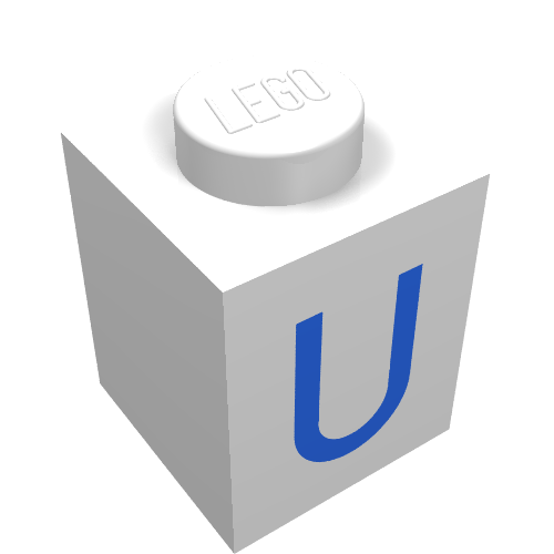 Rendu LDraw de Brique 1 x 1 avec motif imprimé bleu u (Brick 1 x 1 with Blue U Print), couleur indicative