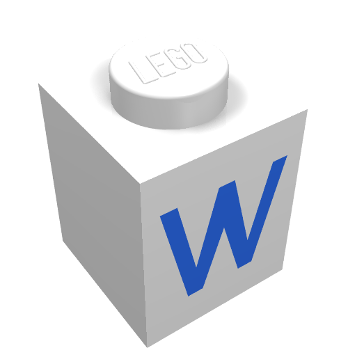 Rendu LDraw de Brique 1 x 1 avec motif imprimé bleu W (Brick 1 x 1 with Blue W Print), couleur indicative