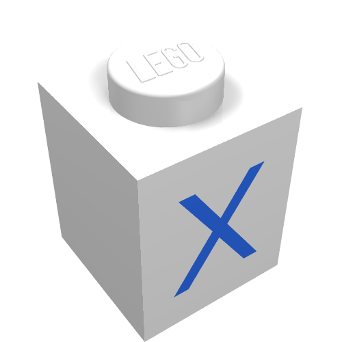Rendu LDraw de Brique 1 x 1 avec motif imprimé bleu X (Brick 1 x 1 with Blue X Print), couleur indicative