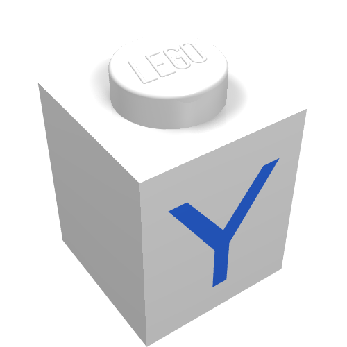 Rendu LDraw de Brique 1 x 1 avec motif imprimé Y bleu (Brick 1 x 1 with Blue Y Print), couleur indicative