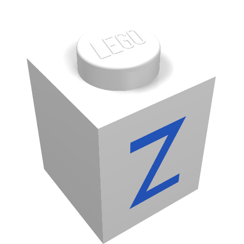 Rendu LDraw de Brique 1 x 1 avec motif imprimé Z bleu (Brick 1 x 1 with Blue Z Print), couleur indicative