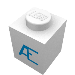 Rendu LDraw de Brique 1 x 1 avec motif imprimé bleu danois 'Æ/AE' (Brick 1 x 1 with Blue Danish 'Æ/AE' Print), couleur indicative