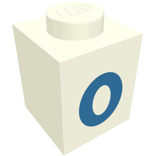 Rendu LDraw de Brique 1 x 1 avec motif imprimé bleu '0' (police noire) (Brick 1 x 1 with Blue '0' Print (Bold Font)), couleur indicative
