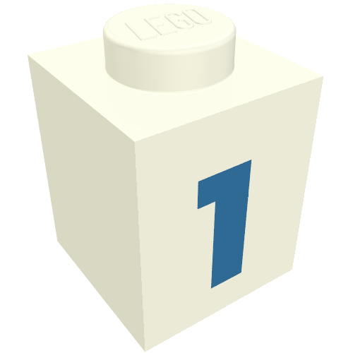 Rendu LDraw de Brique 1 x 1 avec motif imprimé bleu '1' (police noire) (Brick 1 x 1 with Blue '1' Print (Bold Font)), couleur indicative