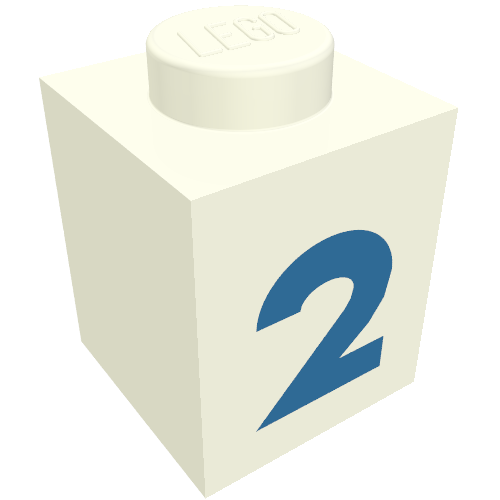 Rendu LDraw de Brique 1 x 1 avec motif imprimé bleu '2' (police noire) (Brick 1 x 1 with Blue '2' Print (Bold Font)), couleur indicative
