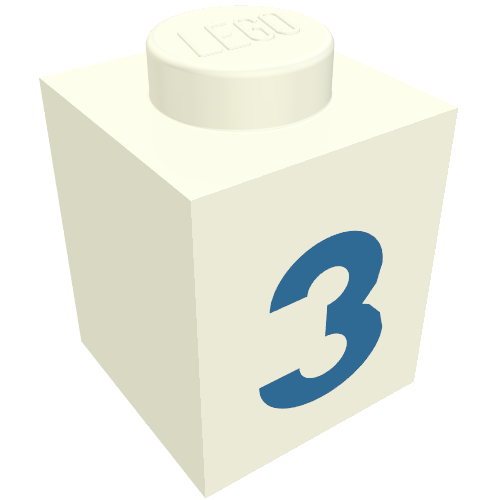 Rendu LDraw de Brique 1 x 1 avec motif imprimé bleu '3' (police noire) (Brick 1 x 1 with Blue '3' Print (Bold Font)), couleur indicative