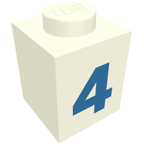 Rendu LDraw de Brique 1 x 1 avec motif imprimé bleu '4' (police noire) (Brick 1 x 1 with Blue '4' Print (Bold Font)), couleur indicative