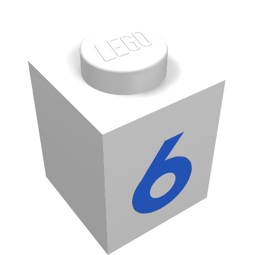 Rendu LDraw de Brique 1 x 1 avec motif imprimé bleu '6' (police noire) (Brick 1 x 1 with Blue '6' Print (Bold Font)), couleur indicative