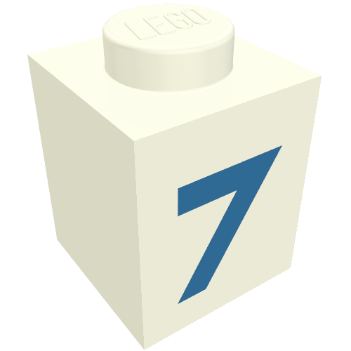 Rendu LDraw de Brique 1 x 1 avec motif imprimé bleu '7' (police noire) (Brick 1 x 1 with Blue '7' Print (Bold Font)), couleur indicative