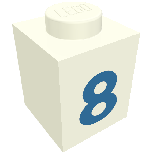 Rendu LDraw de Brique 1 x 1 avec motif imprimé bleu '8' (police noire) (Brick 1 x 1 with Blue '8' Print (Bold Font)), couleur indicative