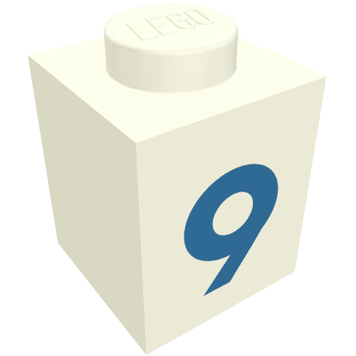 Rendu LDraw de Brique 1 x 1 avec motif imprimé bleu '9' (police noire) (Brick 1 x 1 with Blue '9' Print (Bold Font)), couleur indicative
