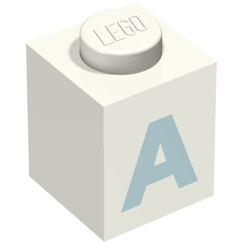 Rendu LDraw de Brique 1 x 1 avec motif imprimé bleu 'A' (police noire) (Brick 1 x 1 with Blue 'A' Print (Bold Font)), couleur indicative