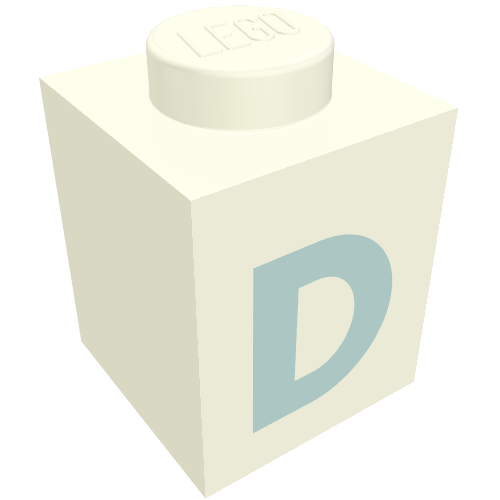 Rendu LDraw de Brique 1 x 1 avec motif imprimé bleu 'D' (police noire) (Brick 1 x 1 with Blue 'D' Print (Bold Font)), couleur indicative