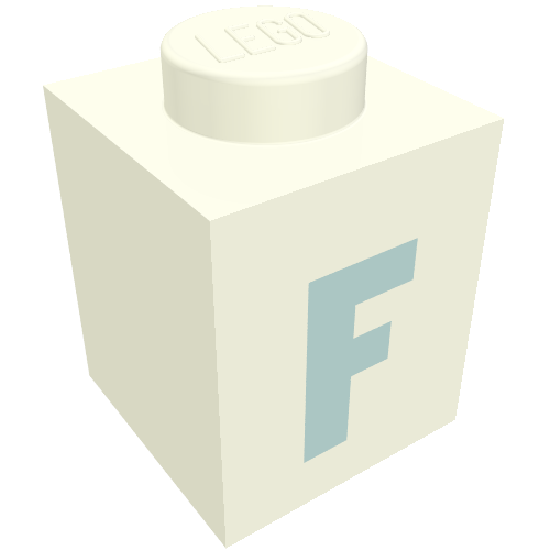 Rendu LDraw de Brique 1 x 1 avec motif imprimé bleu 'F' (police noire) (Brick 1 x 1 with Blue 'F' Print (Bold Font)), couleur indicative