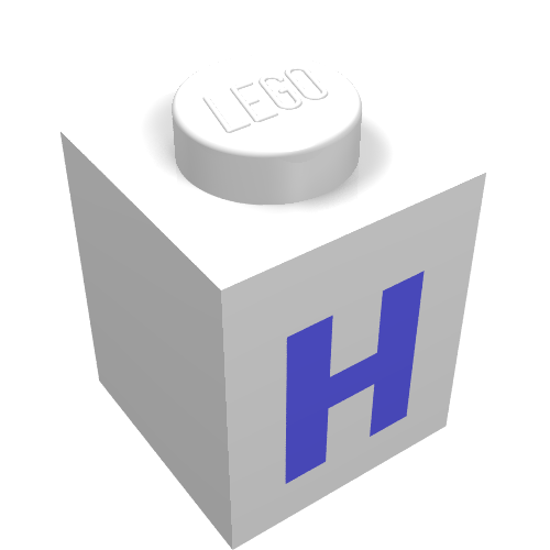 Rendu LDraw de Brique 1 x 1 avec motif imprimé bleu 'H' (police noire) (Brick 1 x 1 with Blue 'H' Print (Bold Font)), couleur indicative