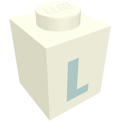 Rendu LDraw de Brique 1 x 1 avec motif imprimé bleu 'L' (police noire) (Brick 1 x 1 with Blue 'L' Print (Bold Font)), couleur indicative