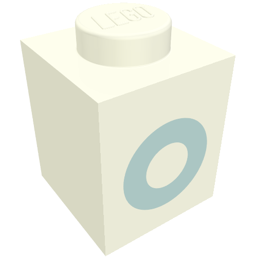 Rendu LDraw de Brique 1 x 1 avec motif imprimé bleu 'O' (police noire) (Brick 1 x 1 with Blue 'O' Print (Bold Font)), couleur indicative