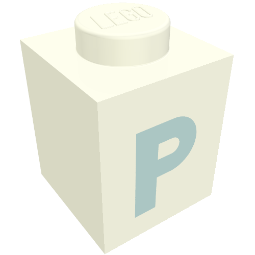 Rendu LDraw de Brique 1 x 1 avec motif imprimé bleu 'P' (police noire) (Brick 1 x 1 with Blue 'P' Print (Bold Font)), couleur indicative