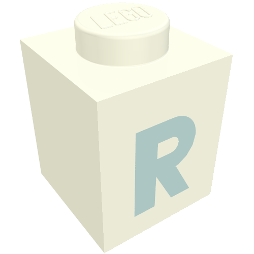 Rendu LDraw de Brique 1 x 1 avec motif imprimé bleu 'R' (police noire) (Brick 1 x 1 with Blue 'R' Print (Bold Font)), couleur indicative