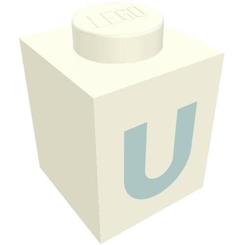 Rendu LDraw de Brique 1 x 1 avec motif imprimé bleu 'U' (police noire) (Brick 1 x 1 with Blue 'U' Print (Bold Font)), couleur indicative