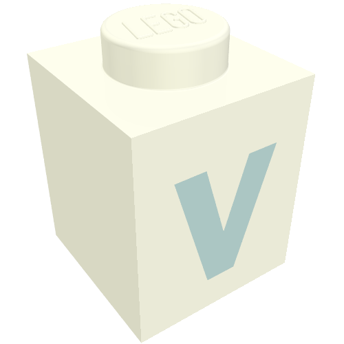 Rendu LDraw de Brique 1 x 1 avec motif imprimé bleu 'V' (police en gras) (Brick 1 x 1 with Blue 'V' Print (Bold Font)), couleur indicative