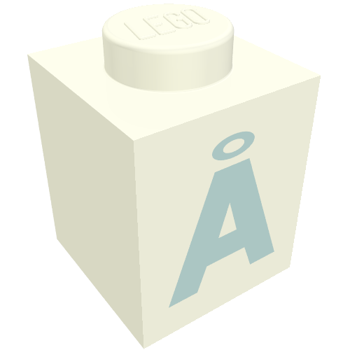 Rendu LDraw de Brique 1 x 1 avec motif imprimé bleu danois 'Å' (police noire) (Brick 1 x 1 with Blue Danish 'Å' Print (Bold Font)), couleur indicative