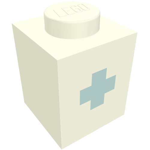 Rendu LDraw de Brique 1 x 1 avec motif imprimé bleu '+' (police noire) (Brick 1 x 1 with Blue '+' Print (Bold Font)), couleur indicative