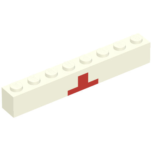 Rendu LDraw de Brique 1 x 8 avec motif imprimé Croix-Rouge moitié supérieure (Brick 1 x 8 with Red Cross Upper Half Print), couleur indicative