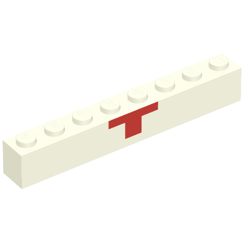Rendu LDraw de Brique 1 x 8 avec motif imprimé Croix-Rouge moitié inférieure (Brick 1 x 8 with Red Cross Lower Half Print), couleur indicative