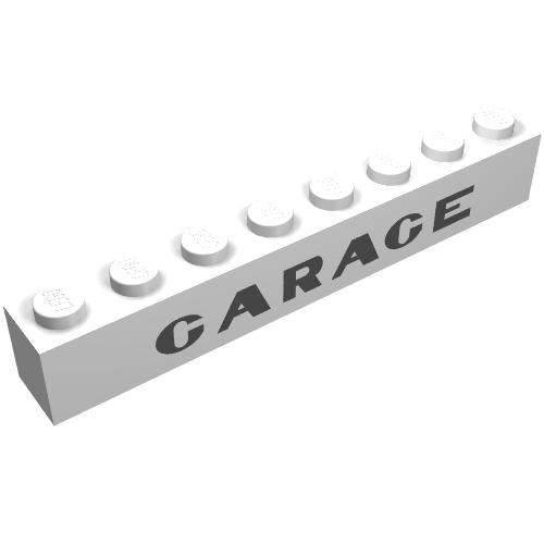 Rendu LDraw de Brique 1 x 8 avec 'GARAGE' avec motif imprimé 'G' sans-serif (Brick 1 x 8 with 'GARAGE' with Plain 'G' Sans-Serif Thick Print), couleur indicative
