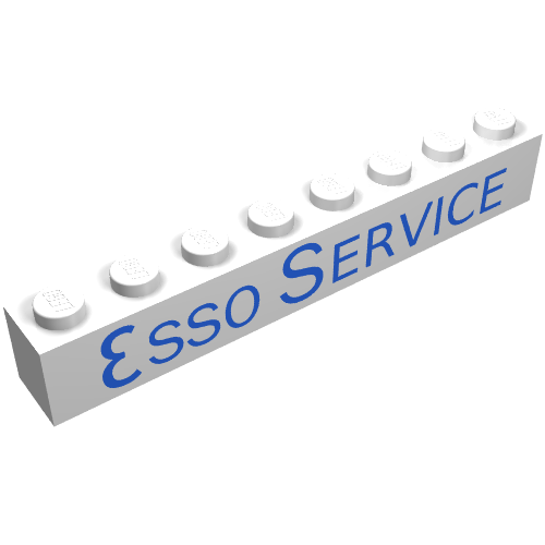 Rendu LDraw de Brique 1 x 8 avec motif imprimé bleu fin 'ESSO SERVICE' (Brick 1 x 8 with 'ESSO SERVICE' Long Thin Blue Print), couleur indicative
