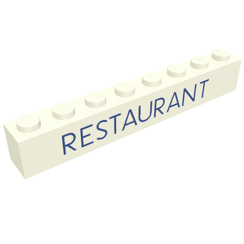 Rendu LDraw de Brique 1 x 8 avec motif imprimé bleu 'RESTAURANT' (Brick 1 x 8 with 'RESTAURANT' Blue Print), couleur indicative