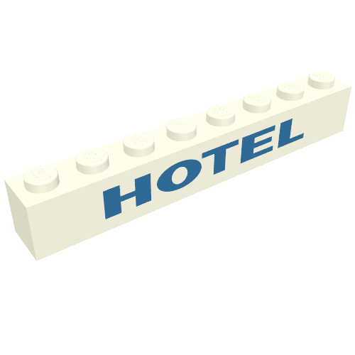 Rendu LDraw de Brique 1 x 8 avec motif imprimé bleu 'HOTEL' (Brick 1 x 8 with 'HOTEL' Blue Print), couleur indicative