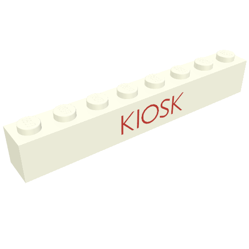 Rendu LDraw de Brique 1 x 8 avec motif imprimé rouge fin 'KIOSK' (Brick 1 x 8 with 'KIOSK' Thin Red Print), couleur indicative