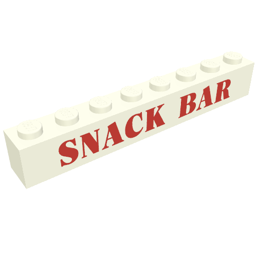Rendu LDraw de Brique 1 x 8 avec motif imprimé rouge 'SNACK BAR' (Brick 1 x 8 with 'SNACK BAR' Red Print), couleur indicative