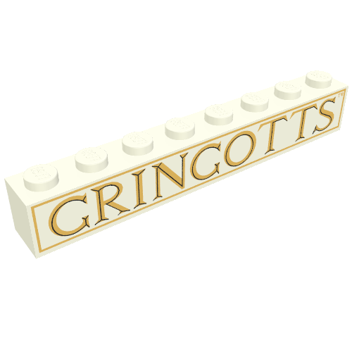 Rendu LDraw de Brique 1 x 8 avec motif imprimé 'GRINGOTTS' (Brick 1 x 8 with 'GRINGOTTS' Print), couleur indicative
