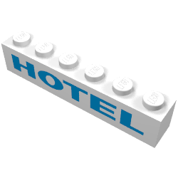 Rendu LDraw de Brique 1 x 6 avec 'HOTEL' Thick Blue Print, couleur indicative
