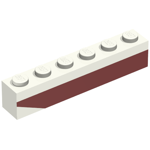 Rendu LDraw de Brique 1 x 6 avec bande de fond rouge foncé pente inversée vers le haut à l'extrémité gauche motif imprimé - ensemble 611-2 (Brick 1 x 6 with Dark Red Bottom Stripe Inverted Slope Up at Left End Print - Set 611-2), couleur indicative