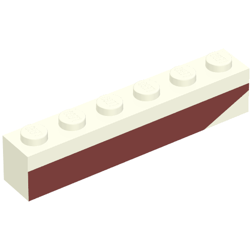 Rendu LDraw de Brique 1 x 6 avec bande de fond rouge foncé pente inversée vers le haut à l'extrémité droite motif imprimé - ensemble 611-2 (Brick 1 x 6 with Dark Red Bottom Stripe Inverted Slope Up at Right End Print - Set 611-2), couleur indicative