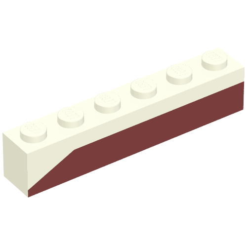 Rendu LDraw de Brique 1 x 6 avec bande de fond rouge foncé brique inclinée Motif imprimé vers le bas à l'extrémité gauche - coffret 611-2 (Brick 1 x 6 with Dark Red Bottom Stripe Slope Down at Left End Print - Set 611-2), couleur indicative