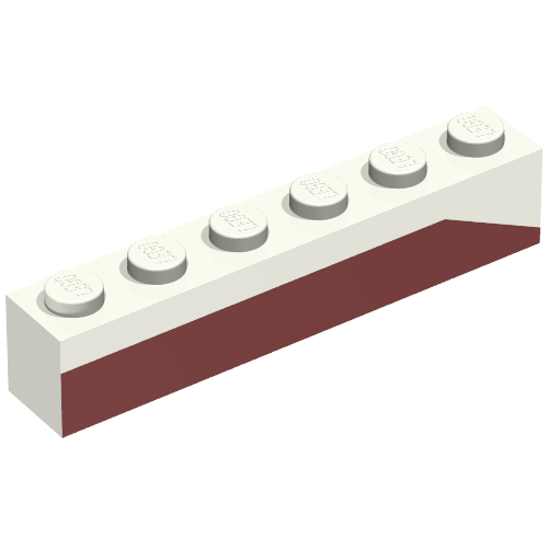 Rendu LDraw de Brique 1 x 6 avec bande de fond rouge foncé brique inclinée Motif imprimé vers le bas à droite - coffret 611-2 (Brick 1 x 6 with Dark Red Bottom Stripe Slope Down at Right End Print - Set 611-2), couleur indicative