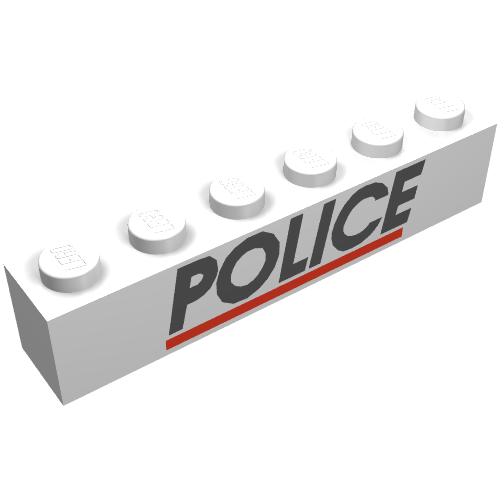 Rendu LDraw de Brique 1 x 6 avec motif imprimé 'POLICE' et ligne rouge (Brick 1 x 6 with 'POLICE' and Red Line Print), couleur indicative