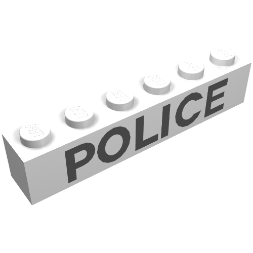 Rendu LDraw de Brique 1 x 6 avec motif imprimé noir fin 'POLICE' (Brick 1 x 6 with 'POLICE' Thin Black Print), couleur indicative